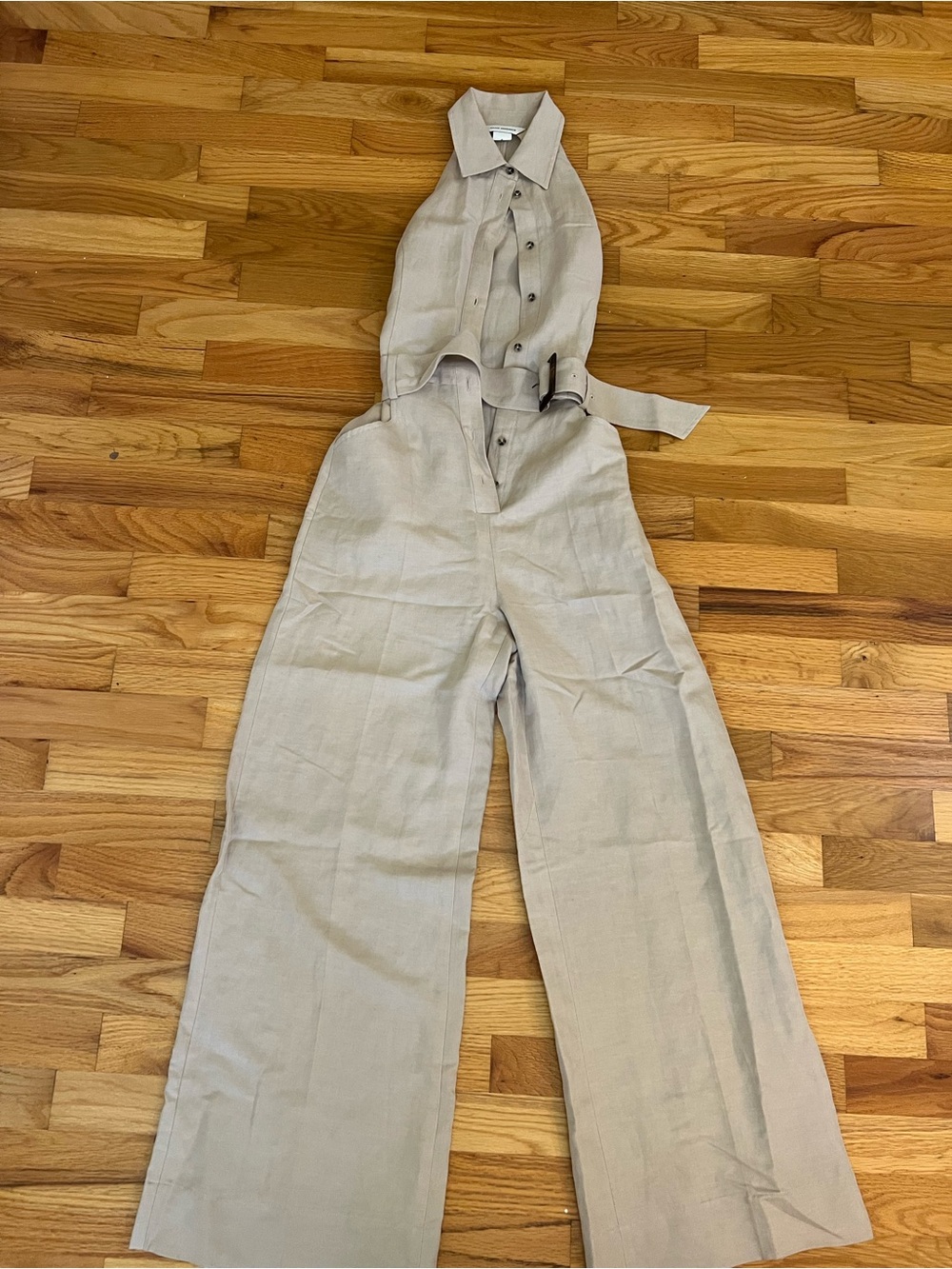 Club Monaco Neutral Linen Button-Front Wide-Leg Jumpsuit